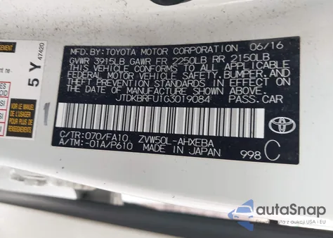 2016 Toyota Prius Two из США, поврежденный, VIN JTDKBRFU1G3019084
